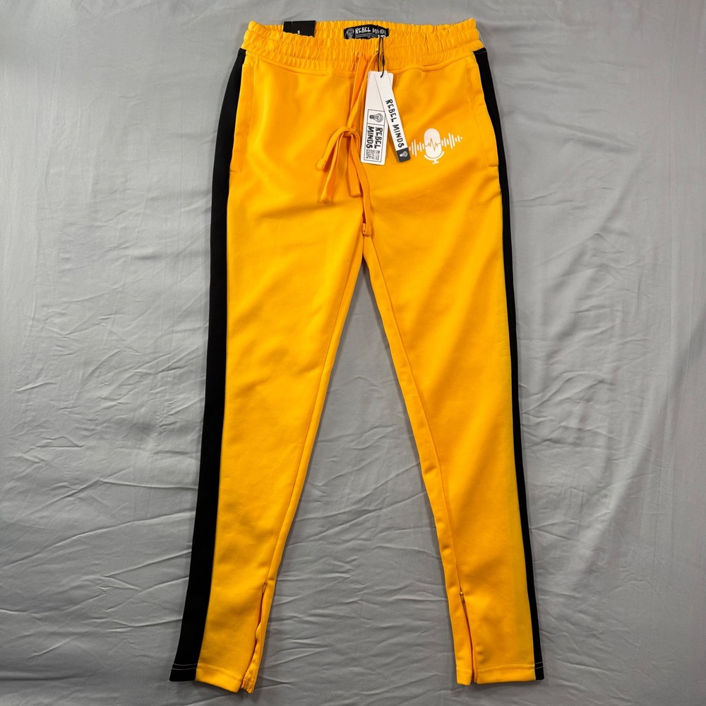 Rebel Minds Mens Yellow Black Side Stripe Graphic Track Pants Joggers Small